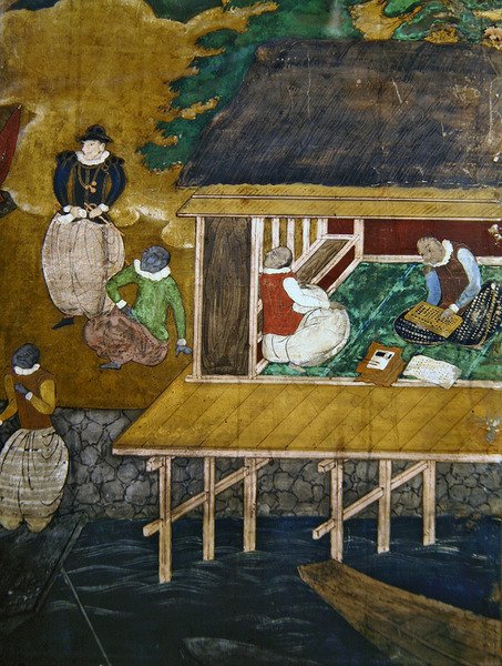Portugisernas ankomst till Japan, detalj av ett hus på pålar, från en Namban Byobu-skärm, 1594-1618 av Unbekannt Unbekannt