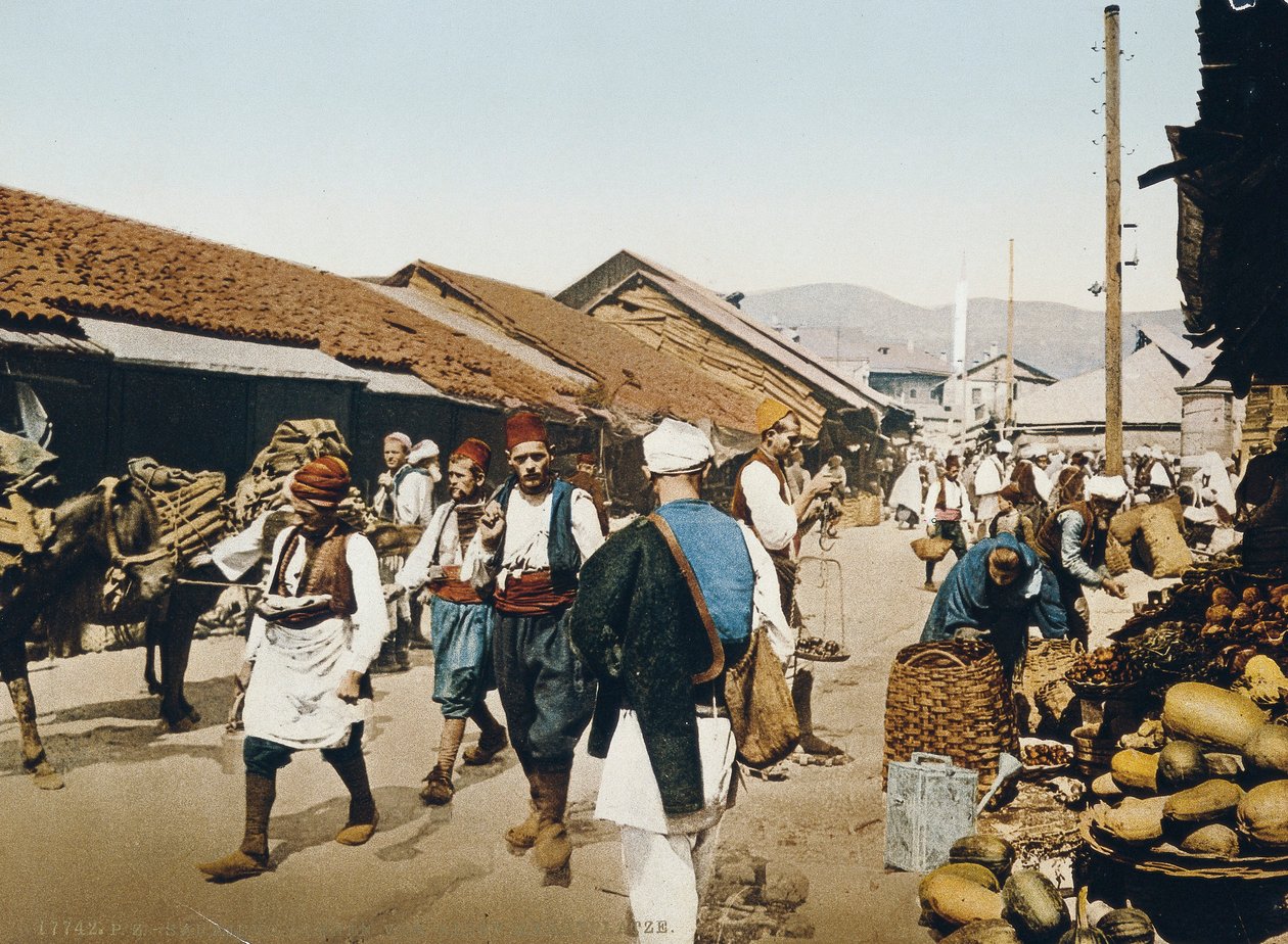 Den gamla marknadsplatsen, Sarajevo under det österrikisk-ungerska riket, ca 1900-10 av Unbekannt Unbekannt