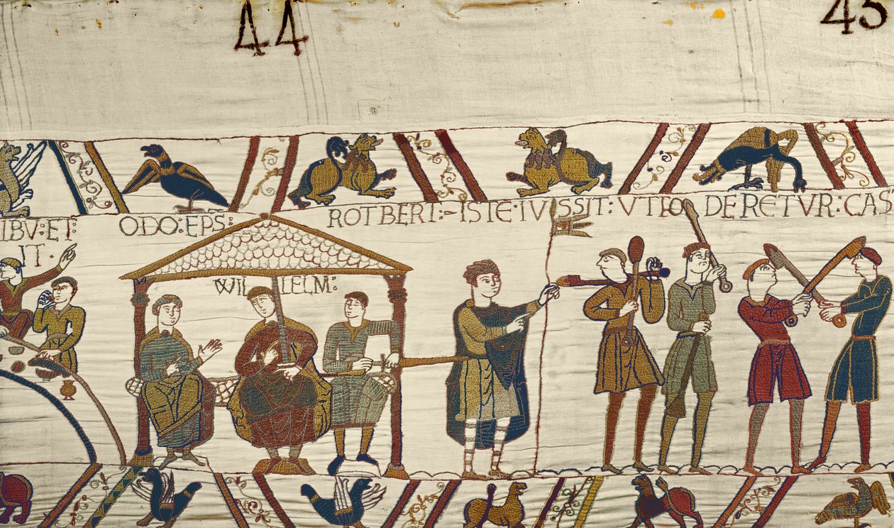 William, tillsammans med Robert de Mortain och biskop Odo beordrar att befästningar ska byggas i Hastings, Bayeux Tapestry av Unbekannt Unbekannt