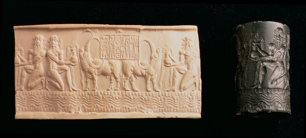 00326 Cylindersigill av Shar-kali-sharri, kung av Akkad, Mesopotamien, ca 2340-2100 f.Kr. (svart marmor) av Unbekannt