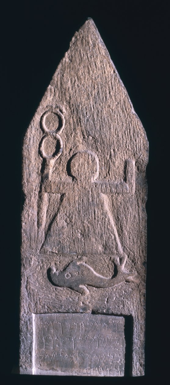 00357 Votivstele som föreställer Tanit, Kartagos gudinna, med en caduceus med en delfin och en inskription nedanför, fenicisk, från Tophet El-Horfa, Algeriet, 2:a-1:a århundradet f.Kr. (kalksten) av Unbekannt