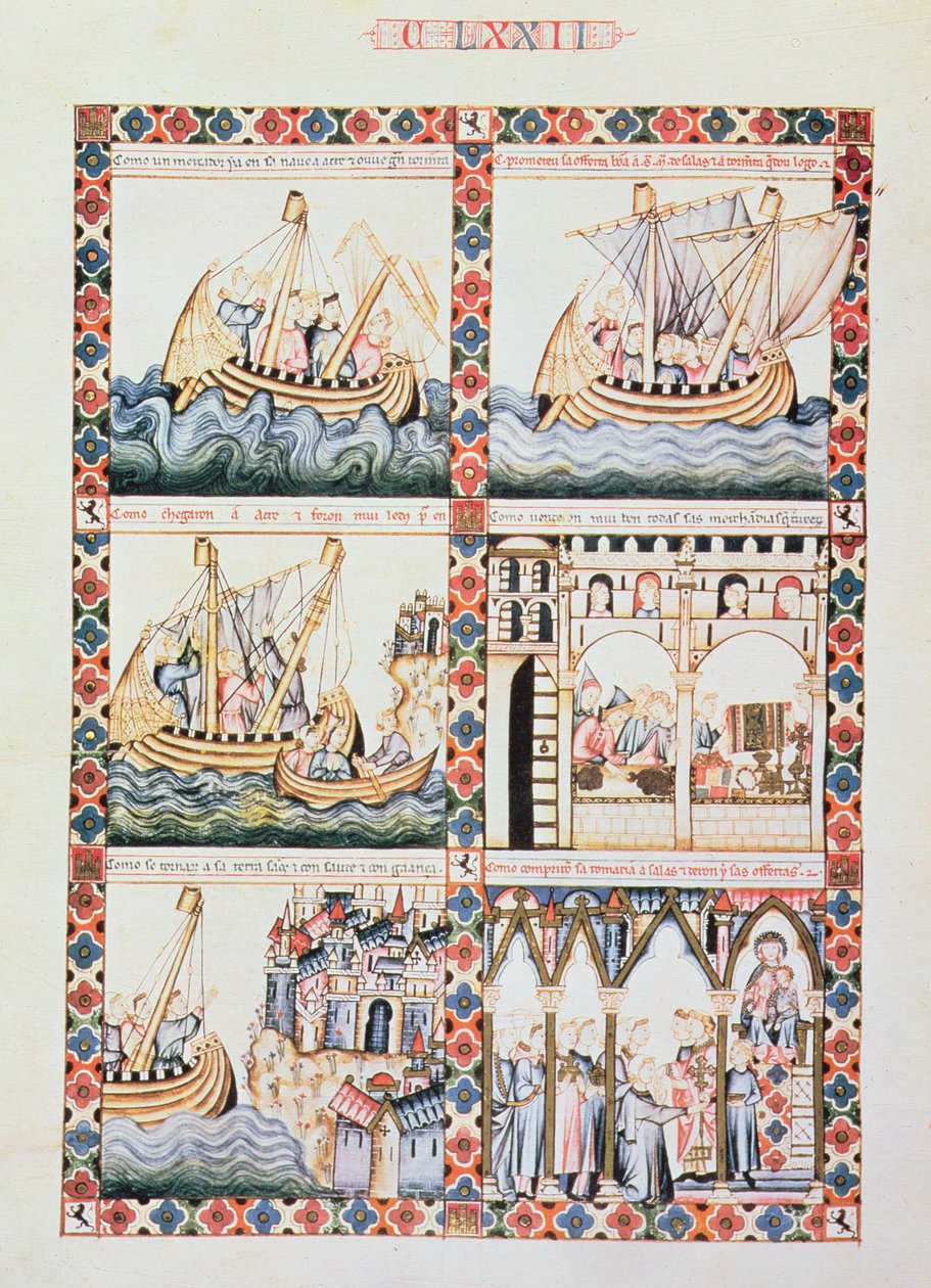 102-0625868/1 A Journey to Acre, illustrationer till Cantiga 172, en av 420 musikkompositioner som berättar om Jungfruns mirakel, skriven på galiciska för Alfonso X 