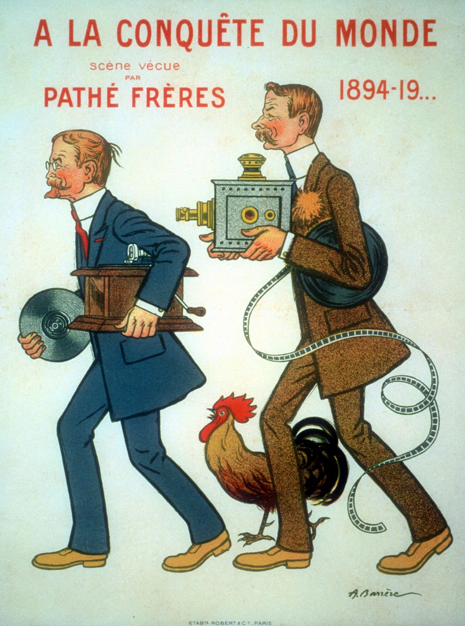 1898 affisch av Adrien Barrere för bröderna Charles Pathe (1863-1957) och Emile Pathe (1860-1937) franska ingenjörer, biografproducenter, här med hanen (deras symbol), projektor och fonograf av Unbekannt