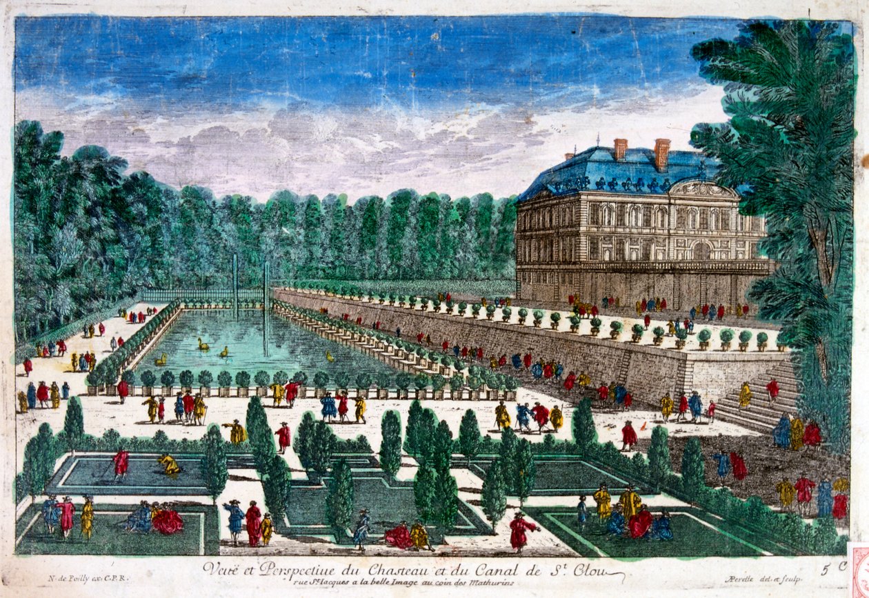 1700-tal, Illustration, som visar Château de Saint-Cloud, ett palats i Frankrike, vid Saint-Cloud i Hauts-de-Seine, väster om Paris. Slottet byggdes ut av Phillipe av Frankrike, hertig av Orléans på 1600-talet, och byggdes slutligen ut av Marie Antoinet av Unbekannter Künstler
