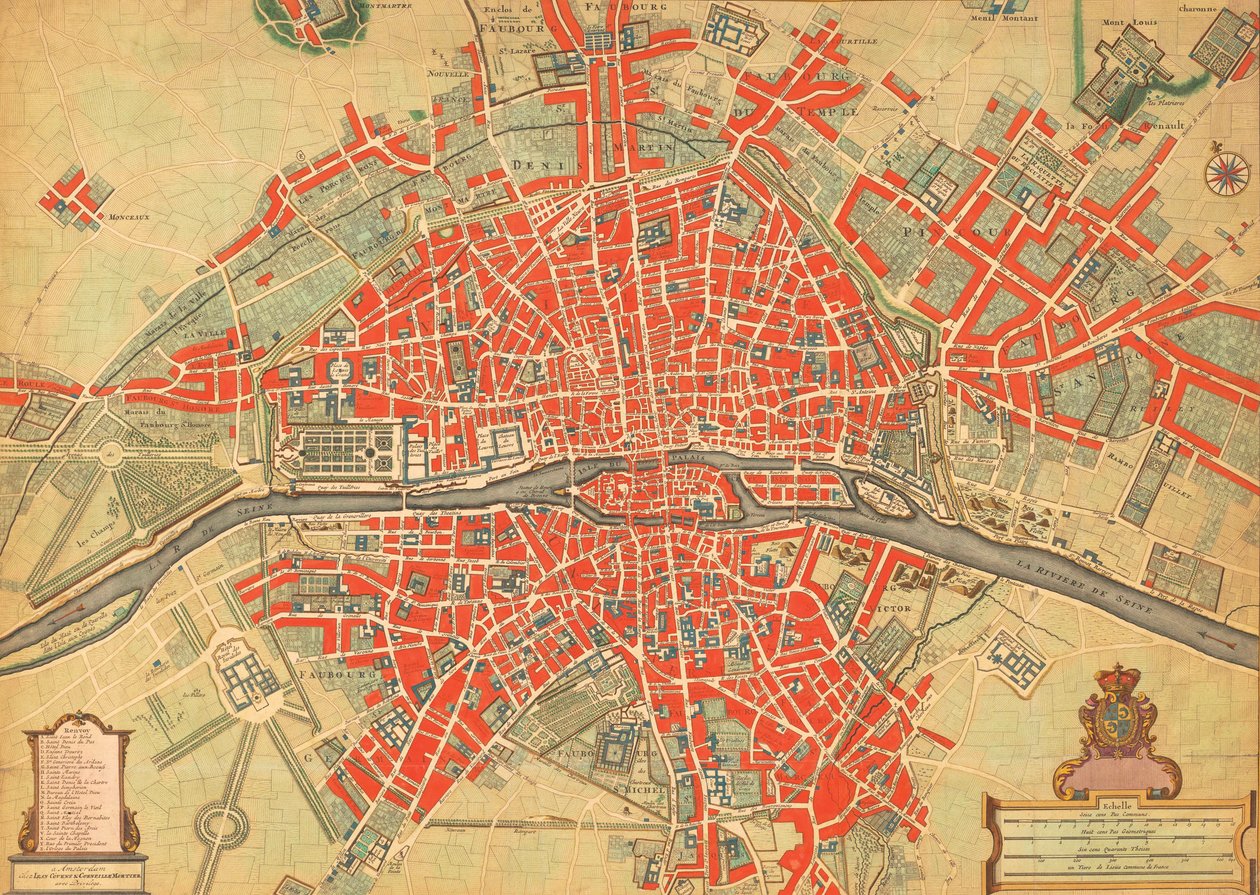 1700-talskarta över Paris, Frankrike. (tryck) av Unbekannter Künstler