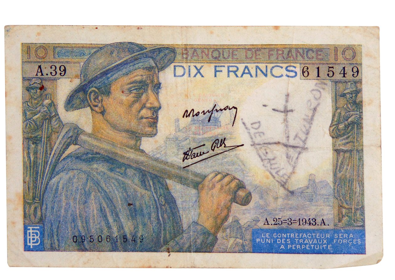 1942 10-francs sedel av Unbekannter Künstler