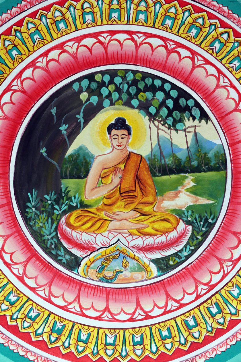 20151029, Vientiane, Laos: Wat Inpeng buddhisttempel. Målning som skildrar Shakyamuni Buddhas livshistoria. The Teaching Buddha skildrar ett speciellt ögonblick i Buddhas liv, nämligen den första predikan som Buddha höll efter att ha nått upplysningen av Unbekannt