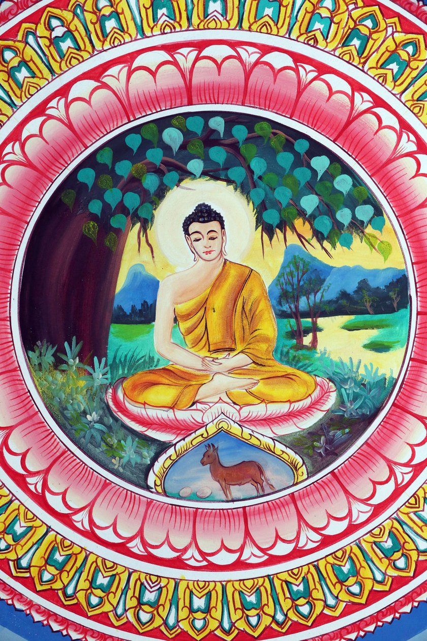 20151029, Vientiane, Laos: Wat Inpeng buddhisttempel. Målning som skildrar Shakyamuni Buddhas livshistoria. Buddha sitter i meditationsställning av Unbekannt