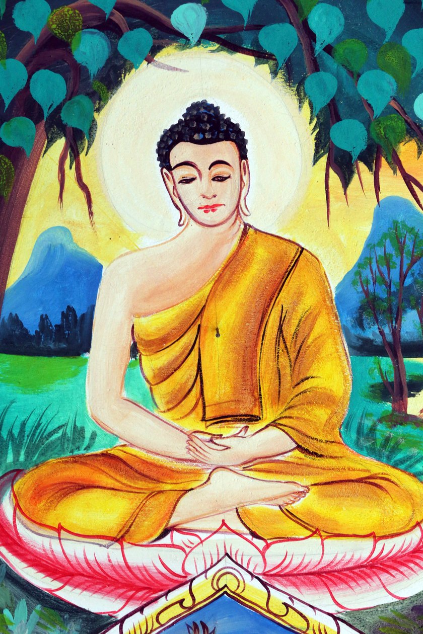 20151029, Vientiane, Laos: Wat Inpeng buddhisttempel. Målning som skildrar Shakyamuni Buddhas livshistoria. Buddha sitter i meditationsställning av Unbekannt