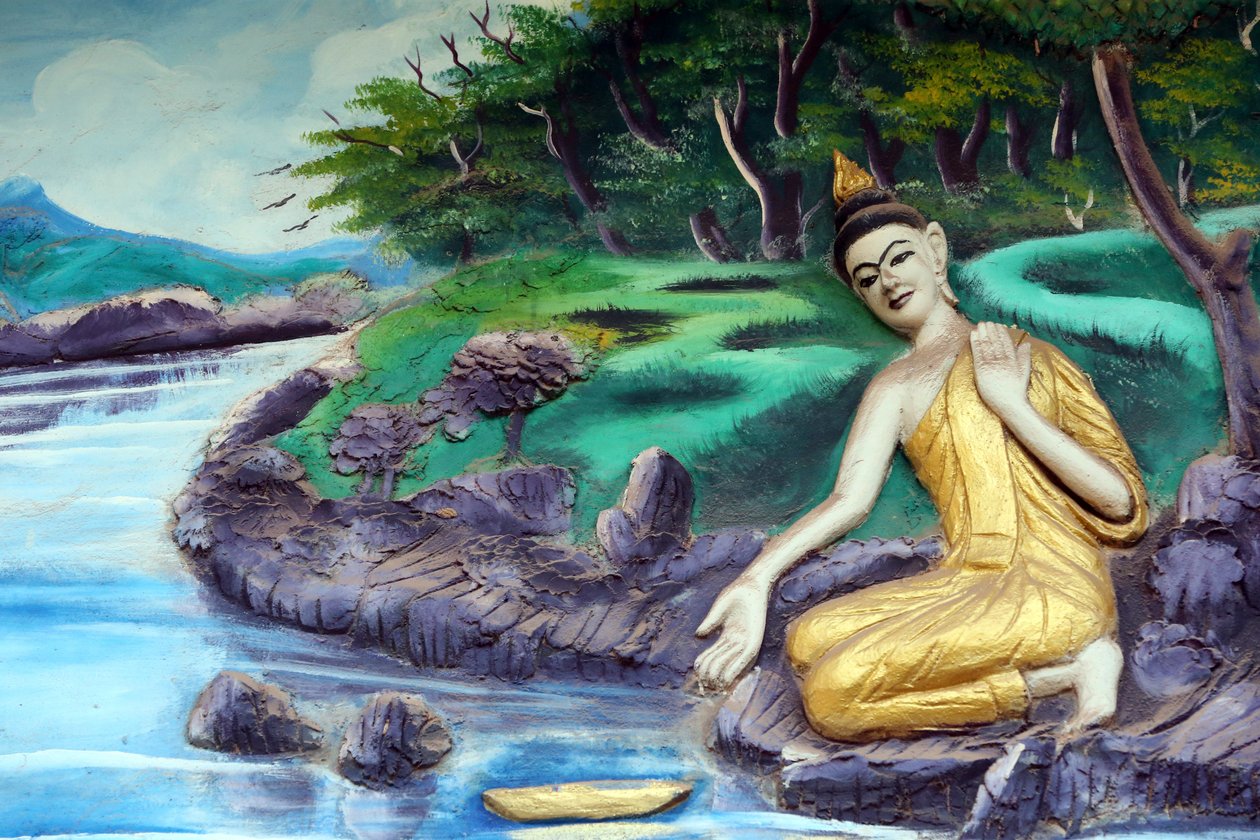 20151029, Vientiane, Laos: Wat Inpeng buddhisttempel. Målning som skildrar Shakyamuni Buddhas livshistoria. Bada i floden av Unbekannt