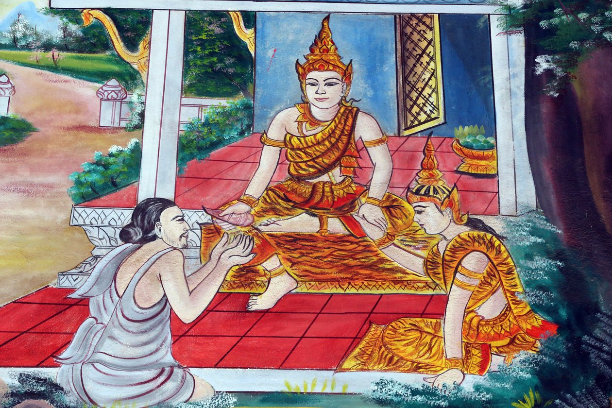 20151029, Vientiane, Laos: Wat Inpeng buddhisttempel. Jataka-sagorna är berättelser om Buddhas tidigare liv (det vill säga innan han föddes för sista gången för att bli Buddha) av Unbekannt
