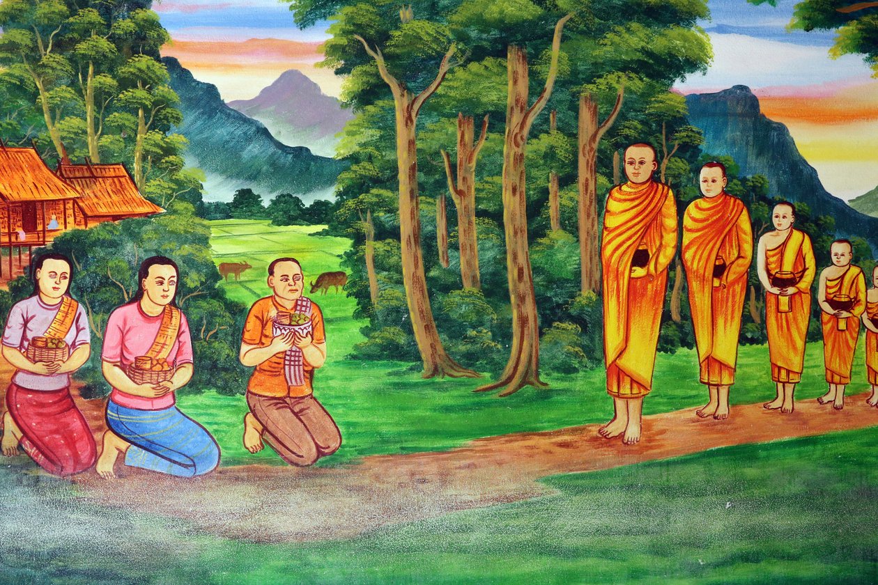 20151029, Vientiane, Laos: Buddhisttemplet Wat Si Muang (Simuong). Målning som skildrar Shakyamuni Buddhas livshistoria av Unbekannt