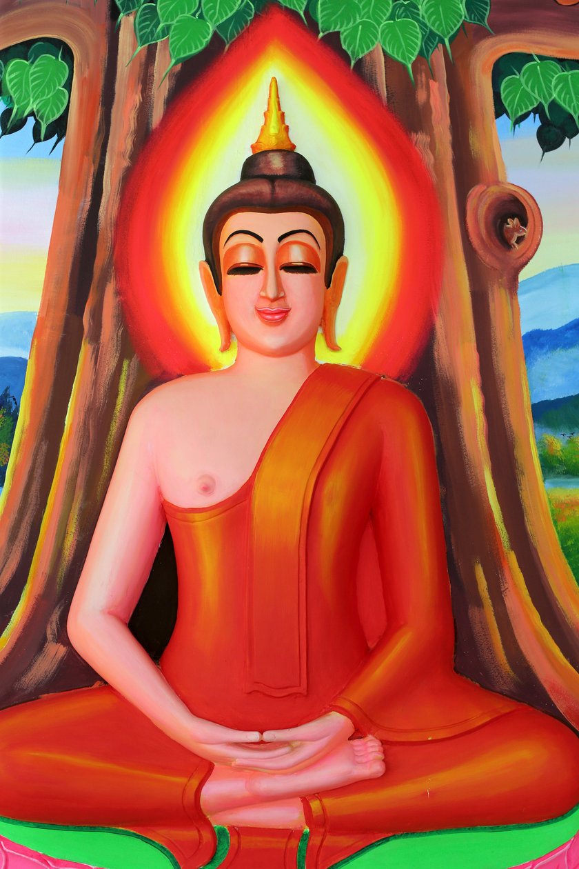 20151030, Vientiane, Laos: Buddhisttemplet Wat Si Muang (Simuong). Målning som skildrar Shakyamuni Buddhas livshistoria. Buddha sitter i meditationsställningen under Bodhi-trädet av Unbekannt