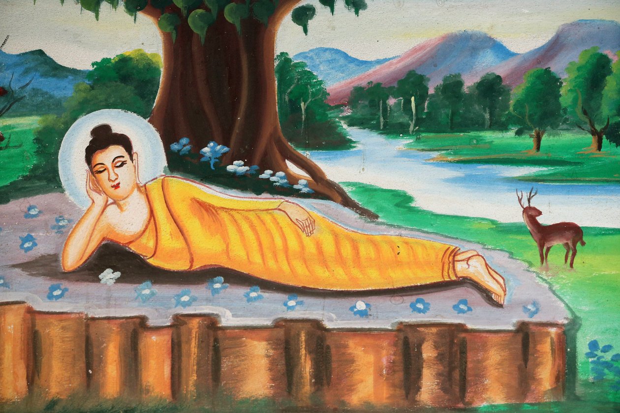 20151102, Vang Vieng, Laos: Målning som skildrar Shakyamuni Buddhas livshistoria. Lutande Buddha av Unbekannt