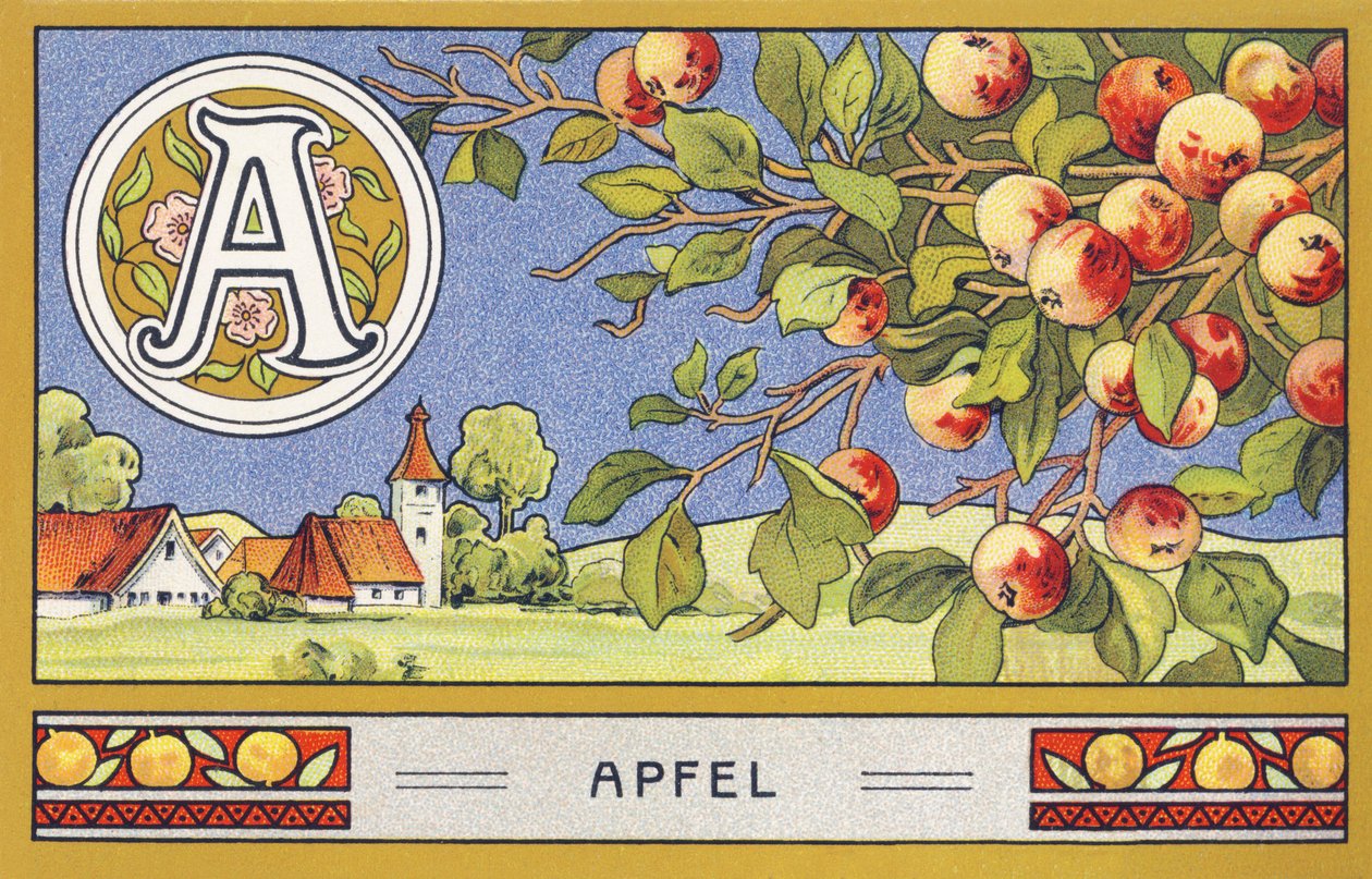 A: Apple - Alphabet Palmine. Serie av kromolitografier redigerade av H. Schlinck & Cie, Hamburg, sid. d. . Annons för Palmins finaste kokosfett. Mått: 7 x 11 cm av Unbekannter Künstler