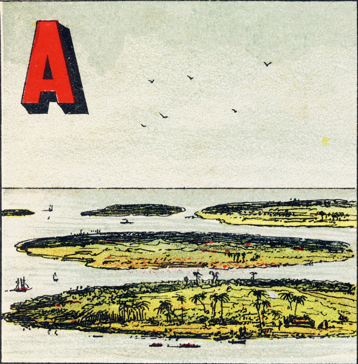 A: Skärgård. Det är en grupp öar förenade i samma hav - Gravyr extraherad från Geographical Alphabet. Guerin-Muller et Cie, förlag, Paris av Unbekannt