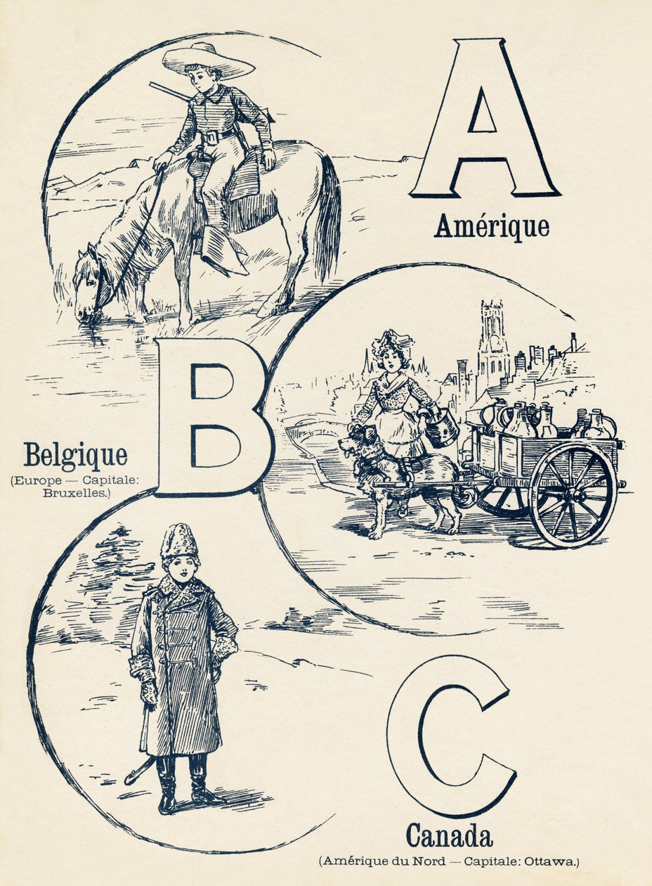 A B C: Amerika, Belgien, Kanada - ABC av de två världarna. Emile Guerin, förlag, Paris, omkring 1900. Mått: 27,5 x 21,5 cm av Unbekannt