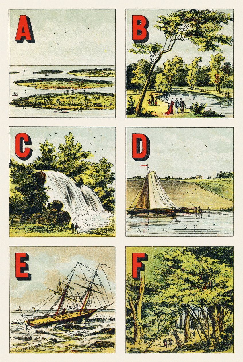 A B C D E F: skärgård, Bois de Boulogne, vattenfall, vallar, rev, skog i Fontainebleau - Gravyr extraherad från det geografiska alfabetet. Guerin-Muller et Cie, förlag, Paris av Unbekannt