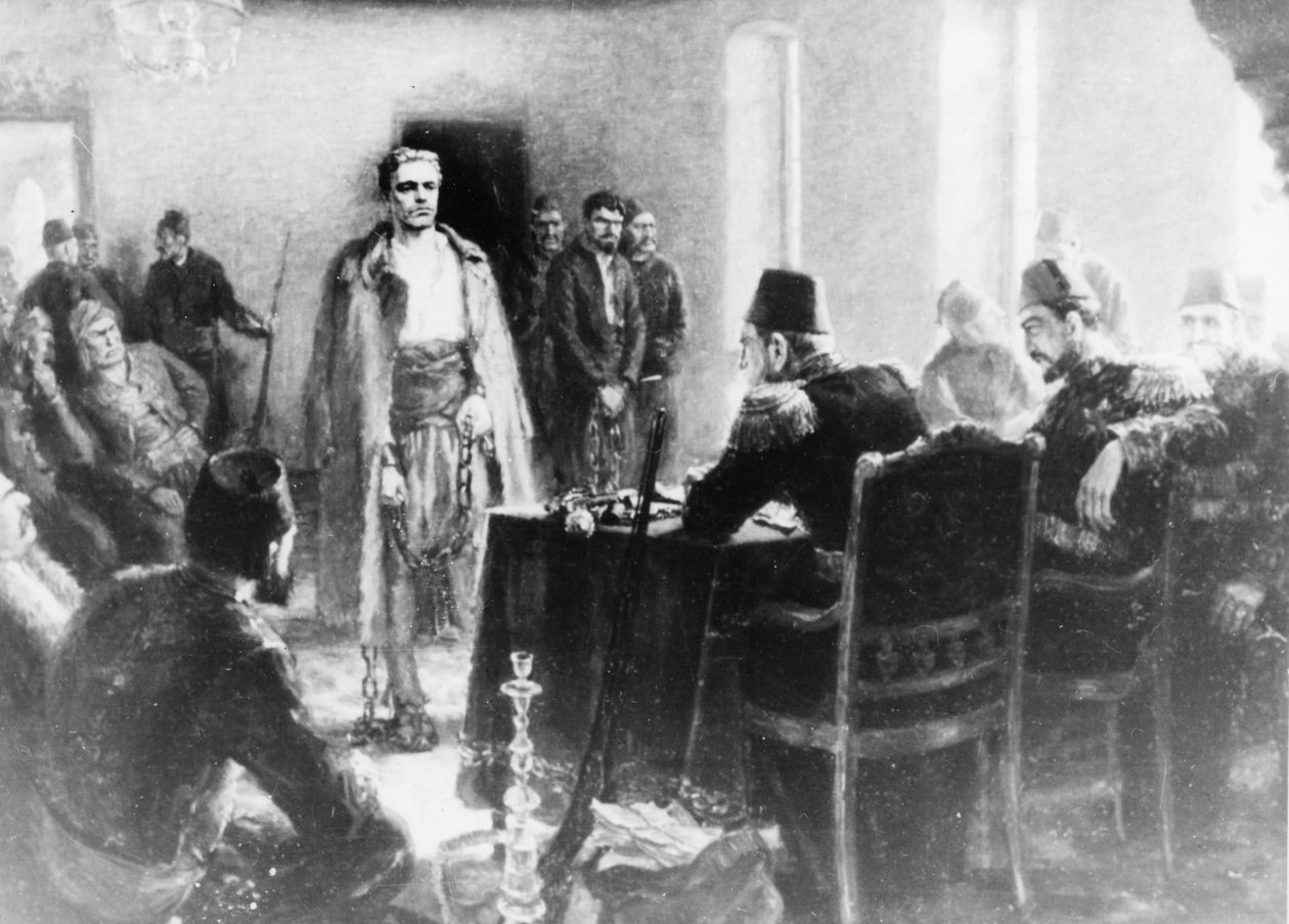 En målning av Kalina Tasseva som föreställer den bulgariske revolutionären Vasil Levski, framför en domstol i det osmanska riket av Unbekannt