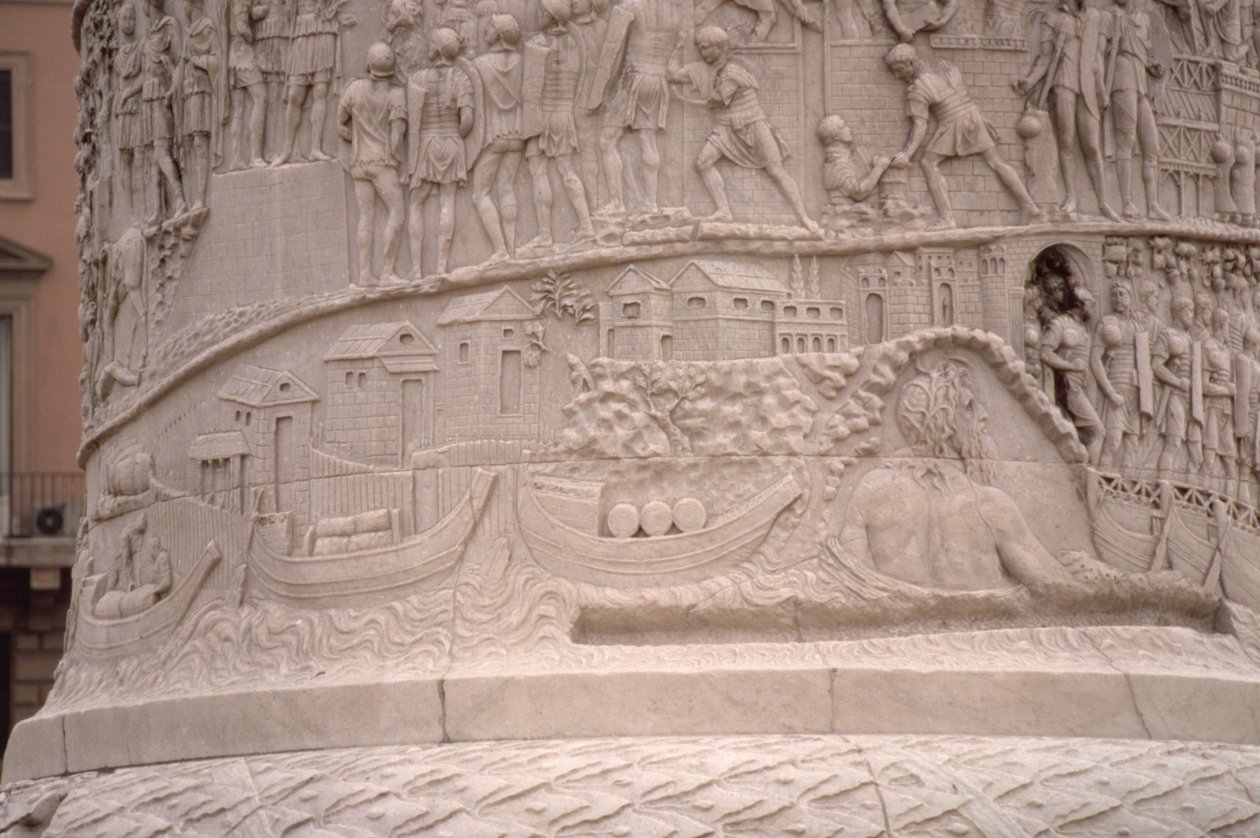 En romersk hamn och konstruktionen av ett romerskt läger, från Trajanus kolumn, 200-talet e.Kr. (huggen sten) (detalj) av Unbekannt