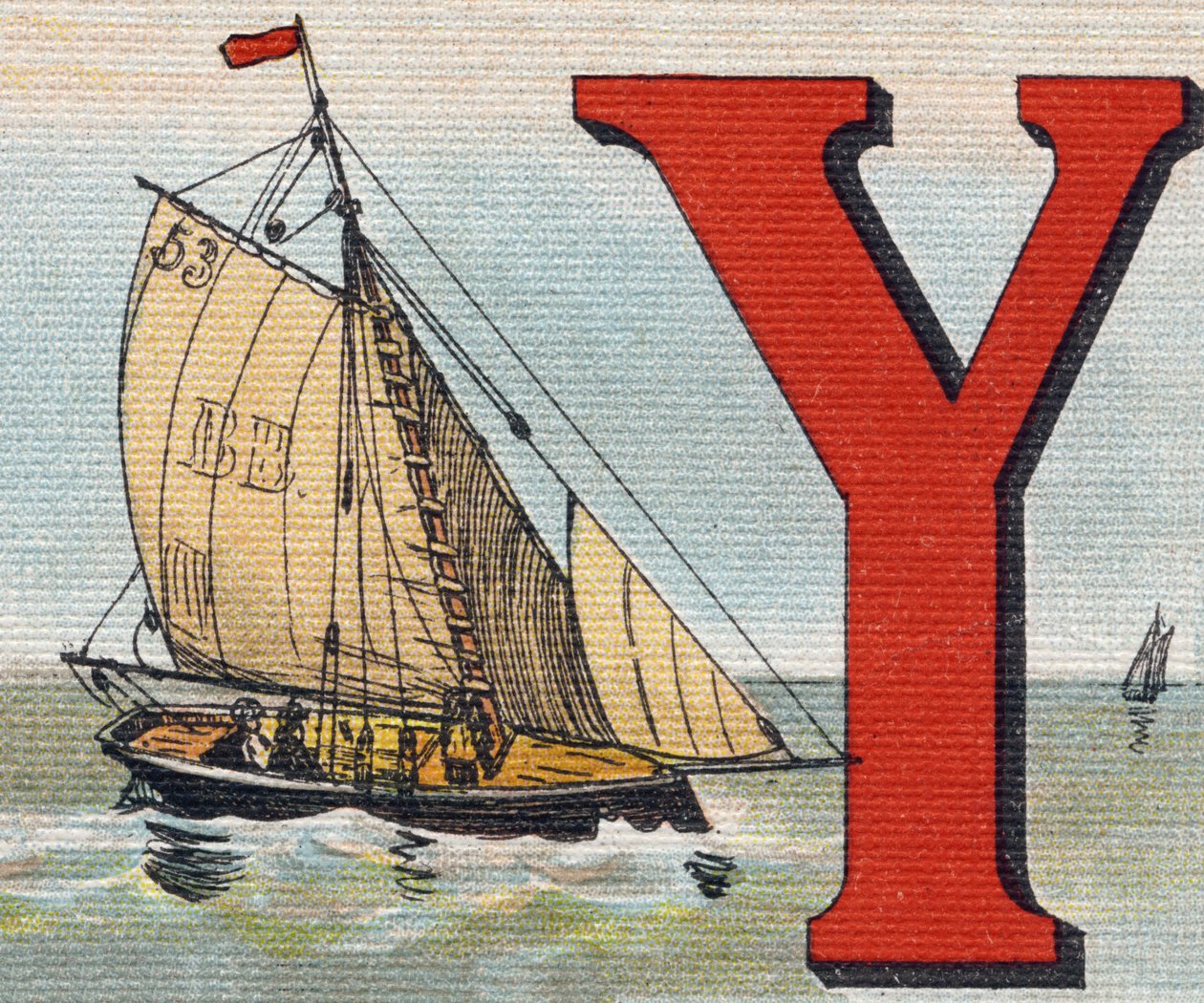 En Yacht. Gravyr i "Alphabet de ma petite fille". Bernardin-Bechet och Fils, bokhandlare-förlag, Paris, omkring 1895. Okrossbart album på duk. Bibliotheque des Bebes. 12 sidor. Album innehållande en läsmetod och en illustrativ abecedary. Dämpa: av Unbekannt