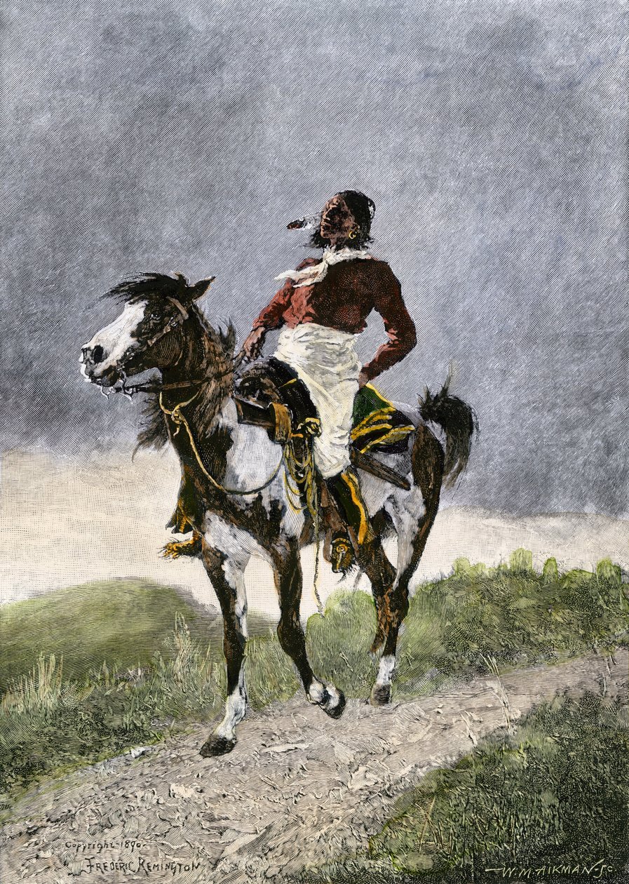 En modig comanche till häst på den södra prärien (Texas, Oklahoma, USA), omkring år 1800. Litografi av Unbekannter Künstler