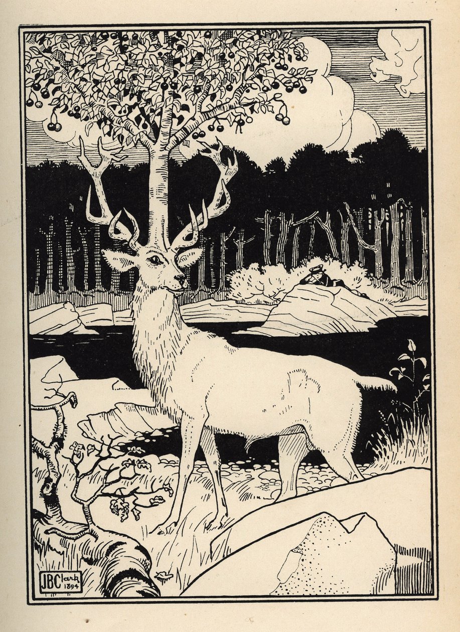 Ett körsbärsträd på huvudet av ett rådjur berört av stenarna av körsbärsspjut av baron de Munchausen Illustration av William Strang (1859-1921) och JB Clark hämtad från "The Adventures of the Baron of Munchausen (Munchhausen) av Rudolf Erich Raspe (1736- av Unbekannt