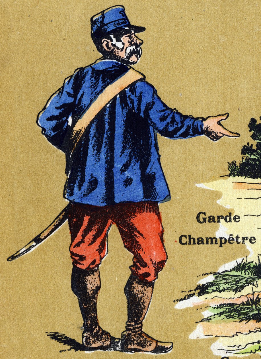 En lantvakt. Illustrerat alfabet. Bilder återförenades i Jarville-Nancy, tidigt 1900-tal. Mått: 40 x 29 cm. Litografi på en bistre bakgrund av Unbekannt