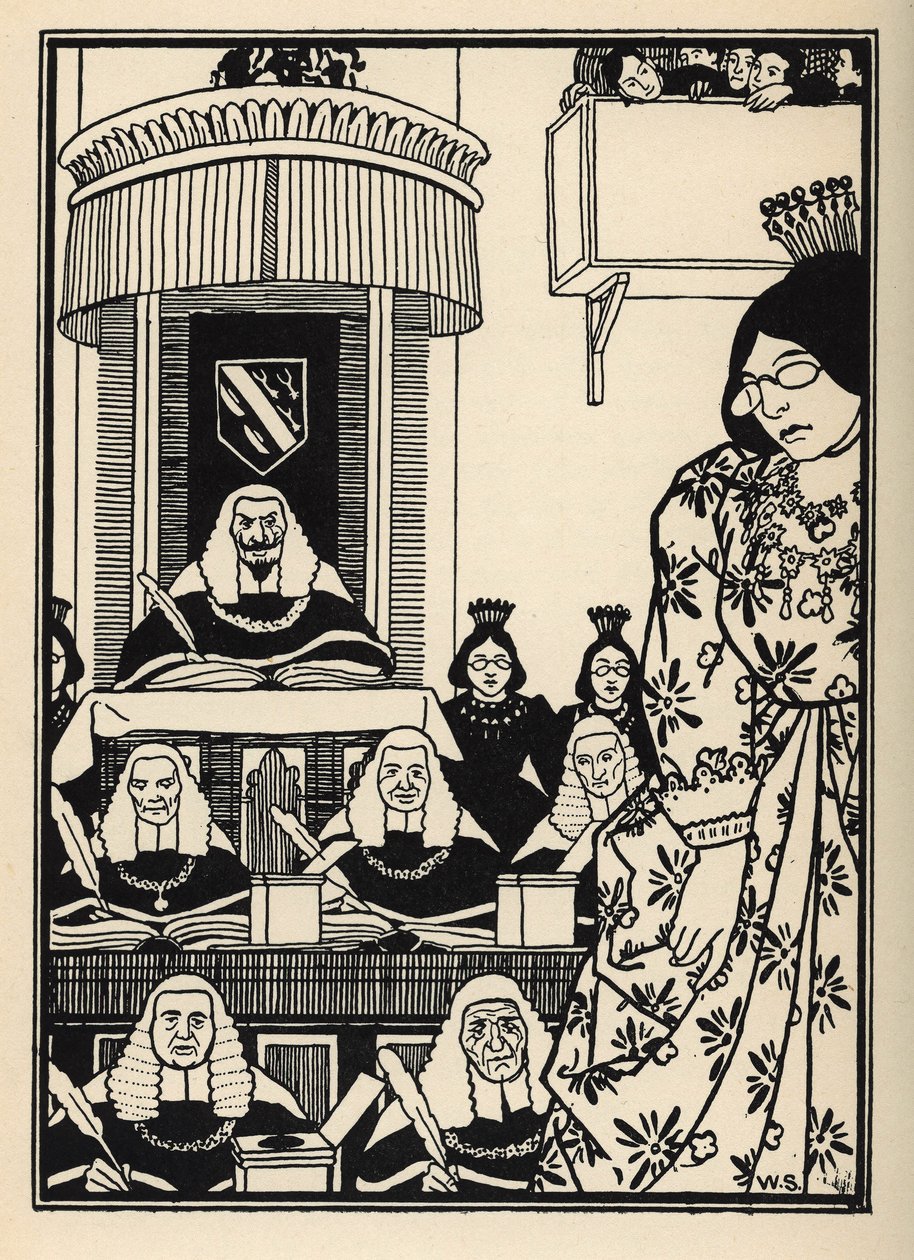 En till stor del feminin domstol framstår för baronen som en ironi som är värd att nämnas bland hans äventyr. Illustration av William Strang (1859-1921) och JB Clark från "The Adventures of the Baron of Munchausen (Munchhausen) av Rudolf Erich Raspe (1736- av Unbekannt