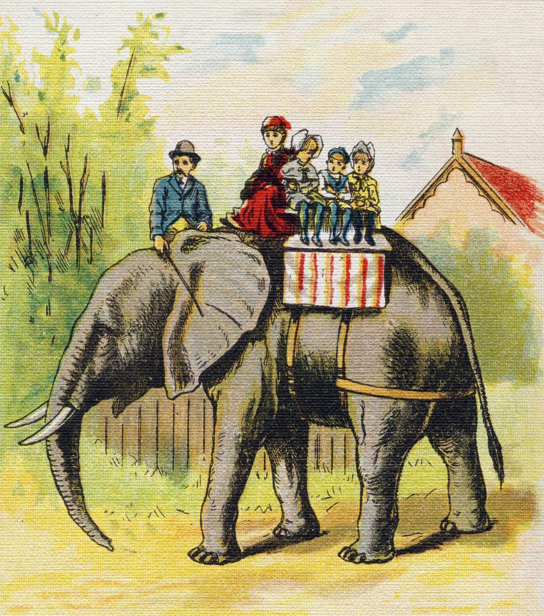 En familj som sitter på en elefant. Gravyr i "ABC L