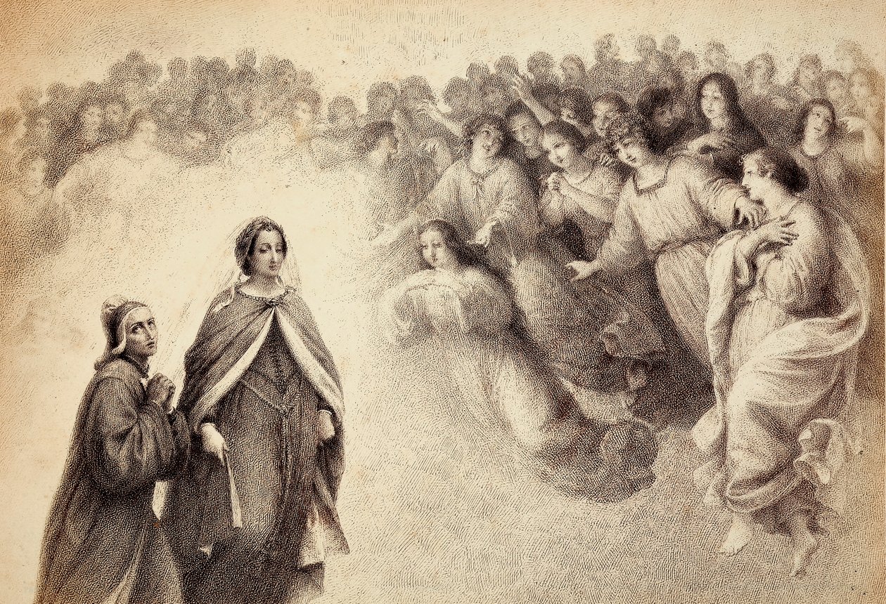En flock skuggor närmar sig Dante och Beatrice. Illustration av Canto V i Paradiso i Den gudomliga komedin av Dante Alighieri. Verk av Franceso Scaramuzza tillägnat Florens kommun. av Unbekannter Künstler