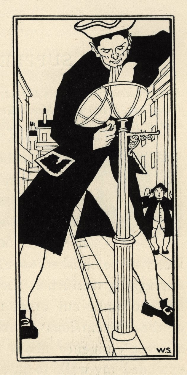 En jätte, hämtad av Baron de Munchausen från Cheese Island i England, tänder gatubelysningen utan stege. Illustration av William Strang (1859-1921) och JB Clark från "The Adventures of the Baron of Munchausen (Munchhausen) av Rudolf Erich Ra av Unbekannt