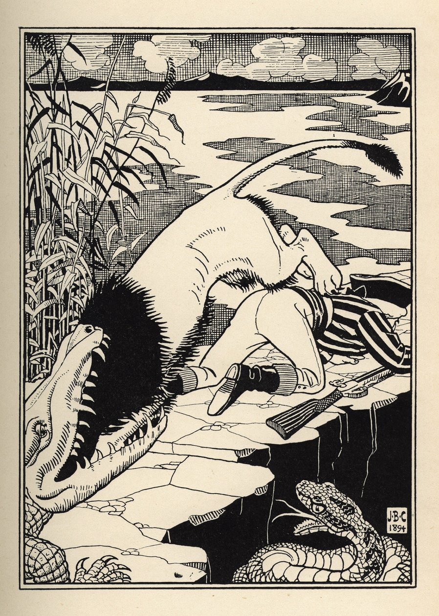 Ett lejon som ville attackera baronen de Munchausen hamnade i en krokodil. Illustration av William Strang (1859-1921) och JB Clark från "The Adventures of the Baron of Munchausen (Munchhausen) av Rudolf Erich Raspe (1736-1794) (1789) av Unbekannt