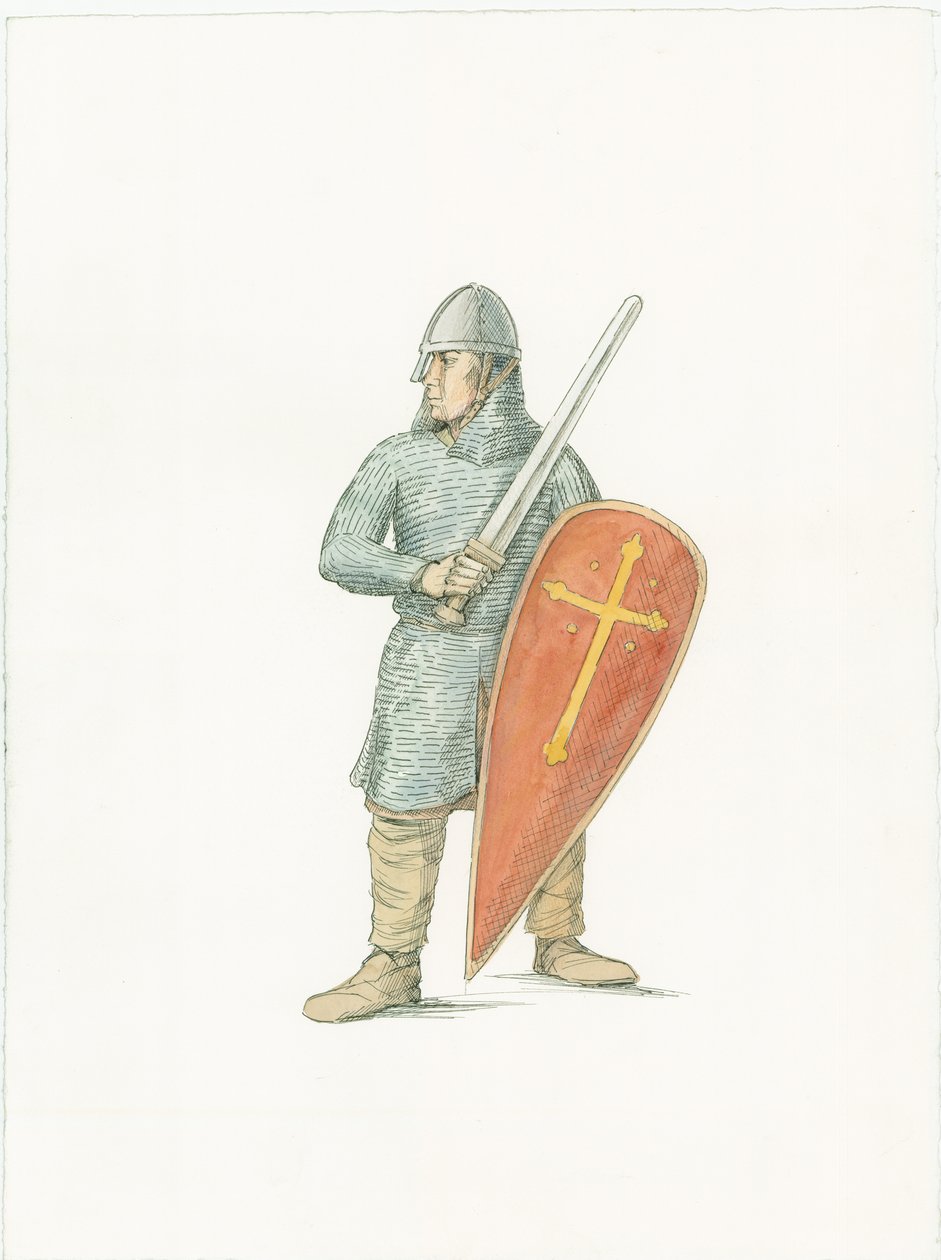 En rekonstruktionsillustration som visar en normandisk riddare omkring 1066 av Unbekannter Künstler