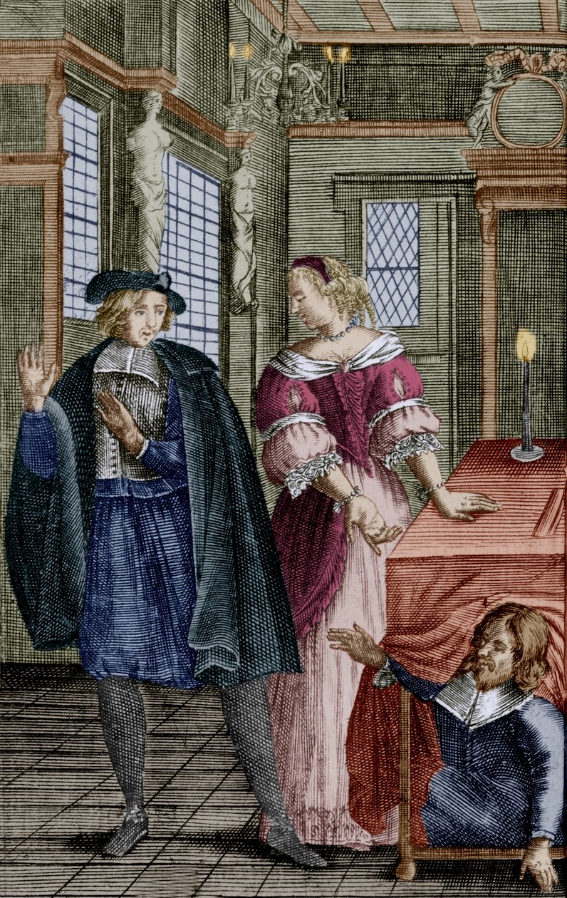 Scen ur Molieres pjäs "Tartuffe" (1664) med Orgon (under bordet), Elmire, hans hustru, och Tartuffe, gravyr av Unbekannter Künstler