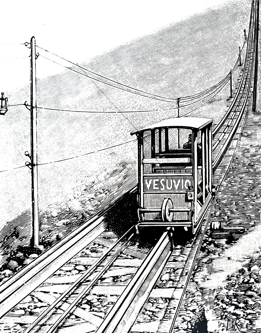 En sidovy av bilen på Vesuvius bergbana. av Unbekannt