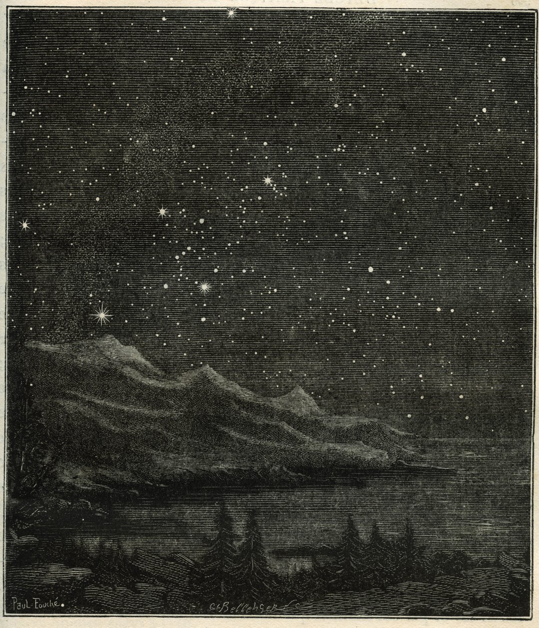 En stjärnklar natt perfekt för att observera himlen. Gravyr från Camille Flammarions "The Stars and Other Curiosities of the Sky" av Unbekannter Künstler