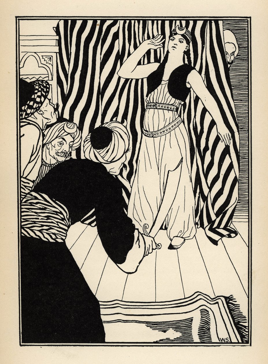 En sultan gömmer baronen de Munchausen. Illustration av William Strang (1859-1921) och JB Clark från "The Adventures of the Baron of Munchausen (Munchhausen) av Rudolf Erich Raspe (1736-1794) (1789) av Unbekannt