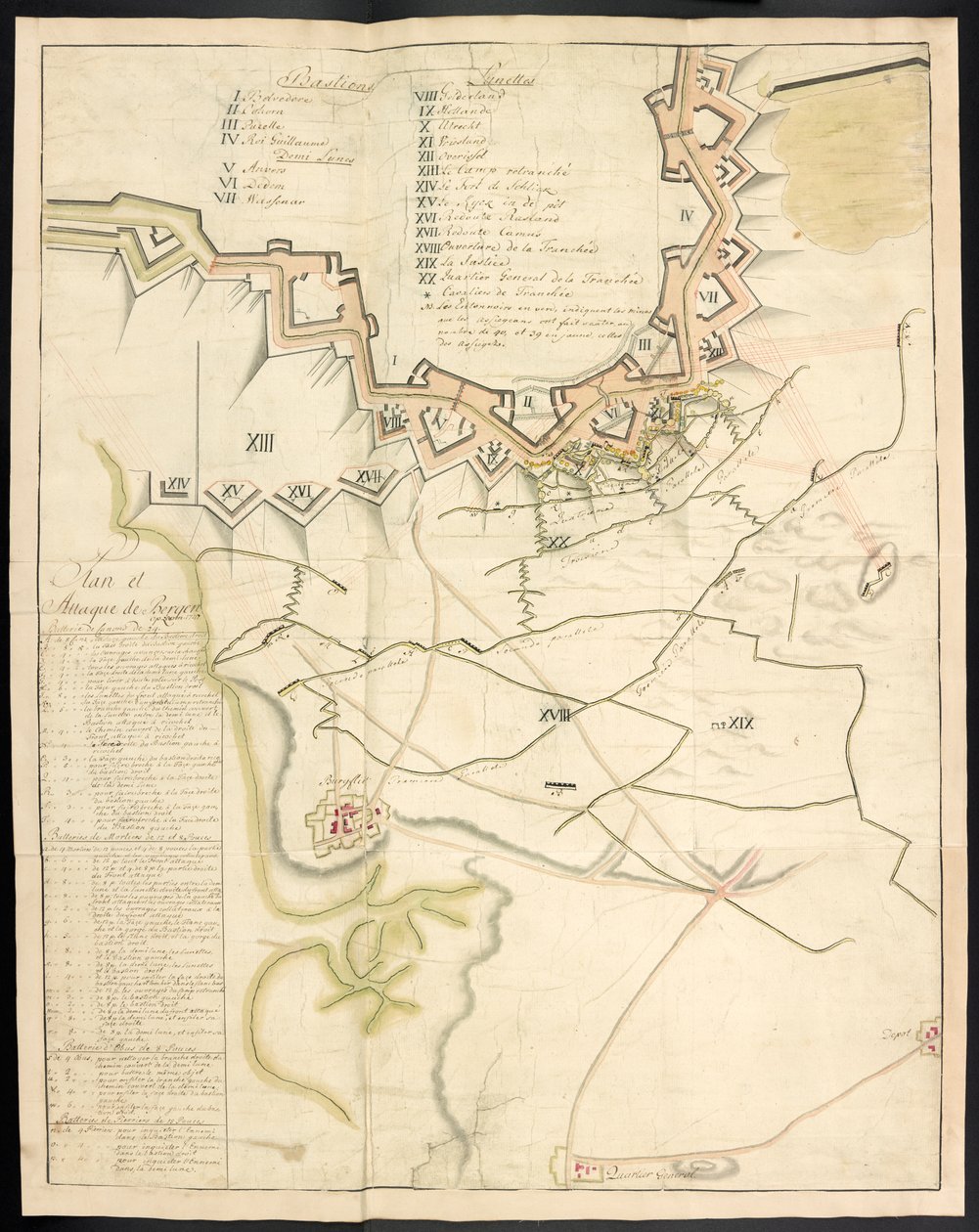 En färgad plan över belägringen fungerar. Tidskrift öfver belägringen af Bergen op Zoom, af fransmännen, 1747; föregås av en redogörelse för det franska artilleriets tillstånd vid den tiden. av Unbekannter Künstler