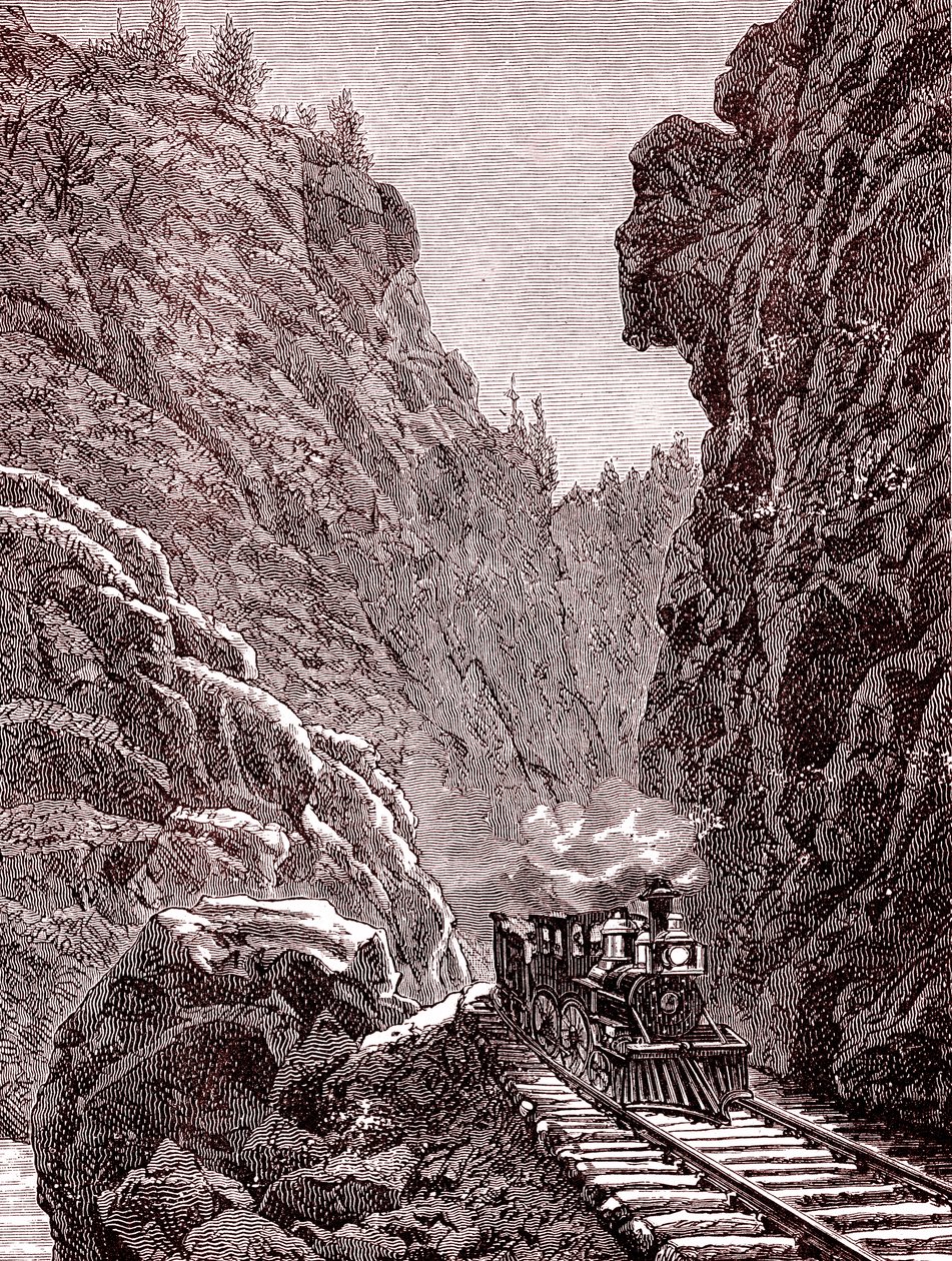 Ett tåg korsar Colorado-bergen. U.S.A. år 1886 (gravyr) av Unbekannter Künstler