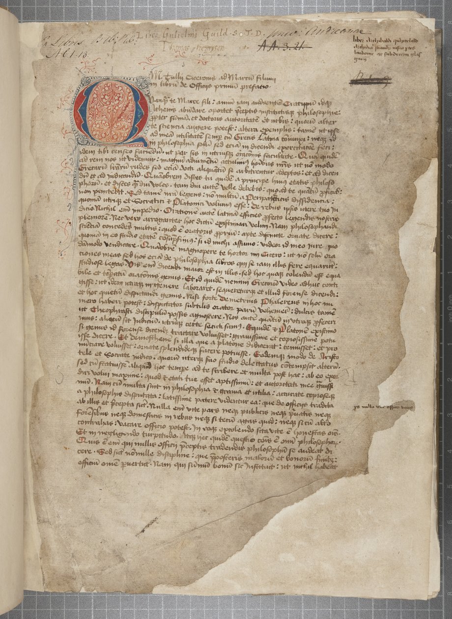 En avskrift, i tre händer, av Marcus Tullius Ciceros filosofiska verk som till synes hämtade från editio romana från 1471, med marginalia i handen av Archibald Whitelaw och andra, ca 1480 (bläck på pergament) av Unbekannt