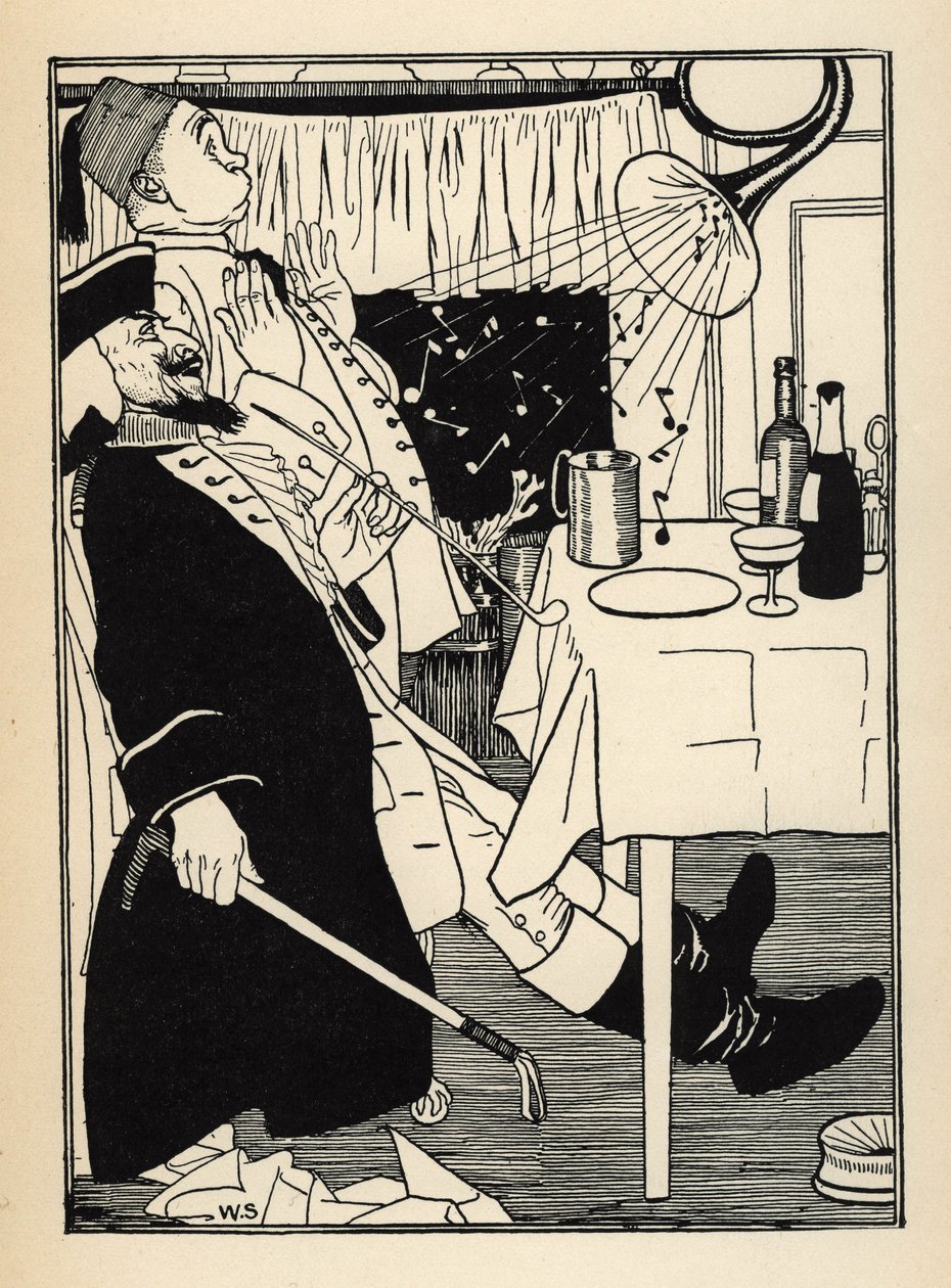 En trumpet som hade frusit, producerar ljud på egen hand när den värms upp, har all underhållning och förvåning Illustration av William Strang (1859-1921) och JB Clark från "The Adventures of the Baron of Munchausen (Munchhausen) av Rudolf Erich Raspe (173 av Unbekannt