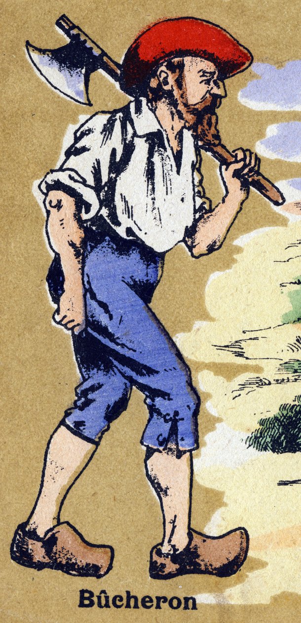 En skogsman går för att hugga ved med en yxa. Illustrerat alfabet. Bilder återförenades i Jarville-Nancy, början av 1900-talet. Mått: 40 x 29 cm. Litografi på en bistre bakgrund av Unbekannt