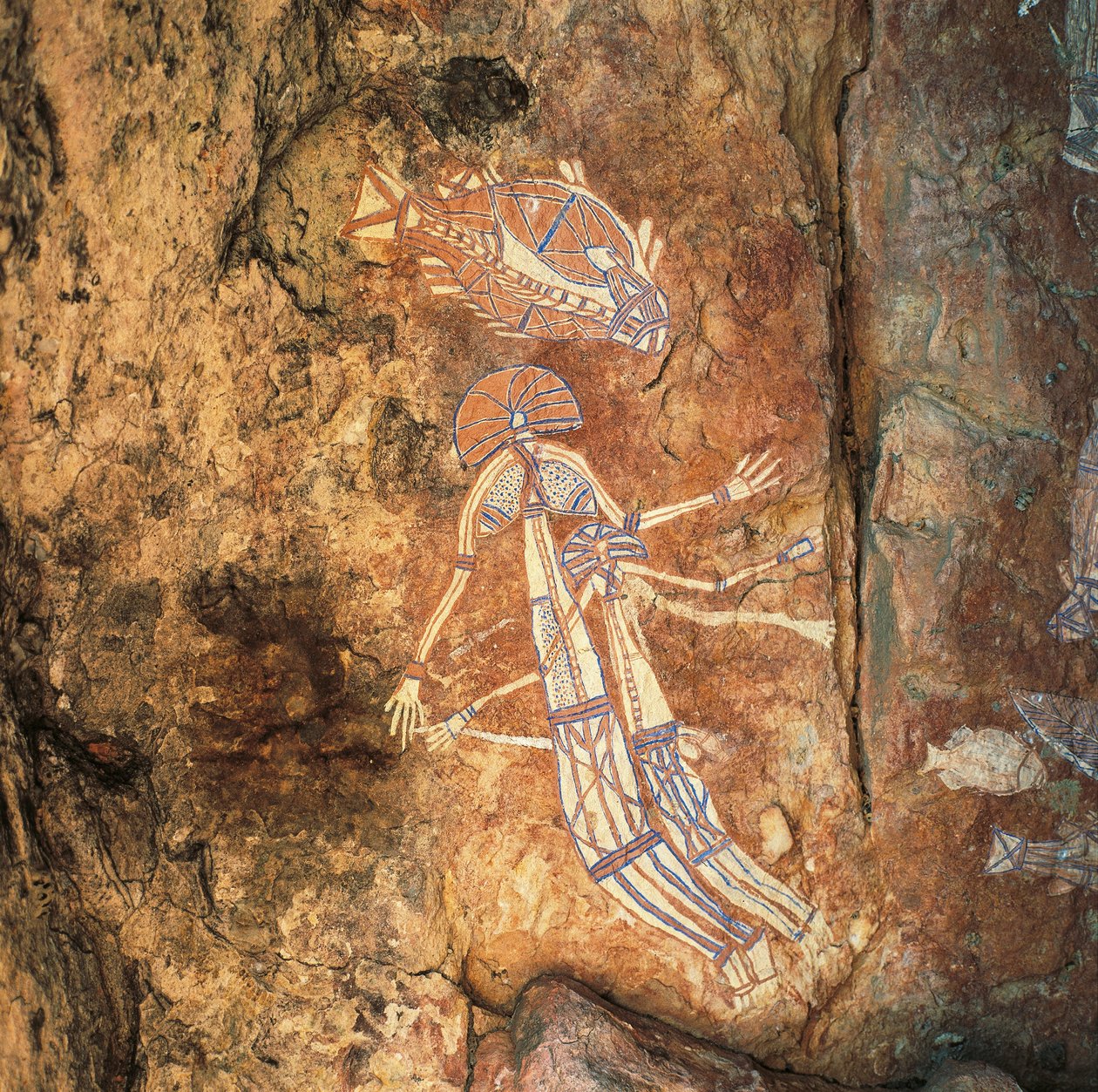 Sanaa ya asili ya rock ya mwanamke wa kizushi na mtoto huko Njambolmi karibu na Nourlangie, Arnhem Land, NT, Australia Seed av Benjamin Baud
