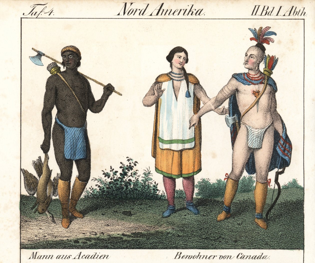 Acadian man med tatuerad kropp och ett par infödda kanadensiska indianer. Litografi för boken: "Galerie complete en tableaux fideles des peuples d