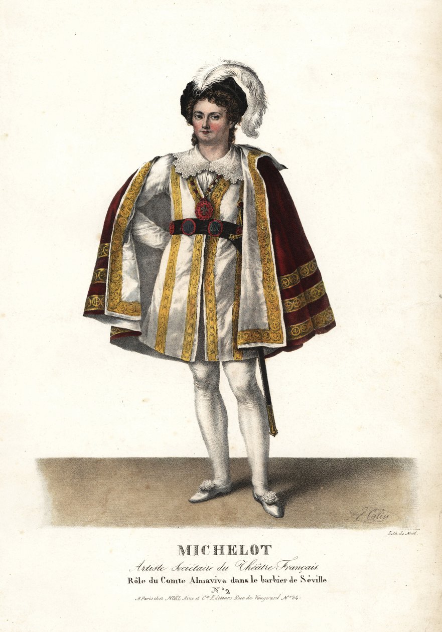 Skådespelaren Pierre Marie Nicolas Michelot som Comte Almaviva i Le Barbier de Seville av Pierre Beaumarchais, Theatre Français. Handkolorerad litografi av F. Noel efter en illustration av Alexandre-Marie Colin från Portraits d