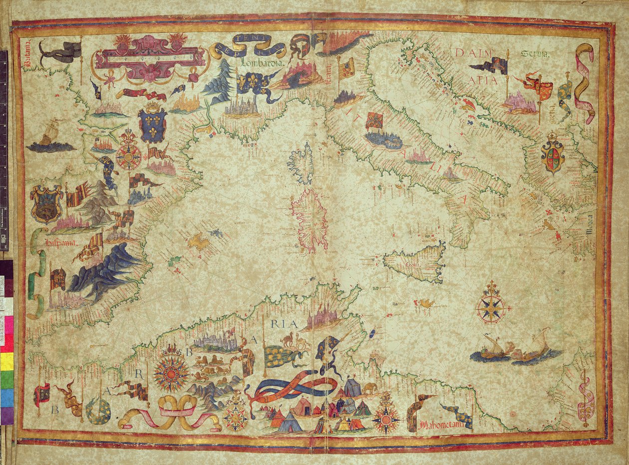 Ytterligare 5415A, ff.11v-12r: Medelhavets kust från Gibraltarsundet till Morea med Adriatiska havet, c.1558 (vellum) av Unbekannter Künstler