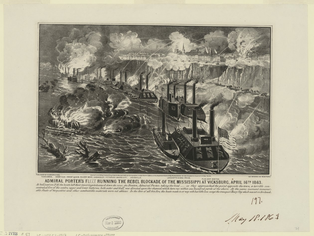 Amiral David Dixon Porters flotta som kör rebellblockaden på Mississippi i Vicksburg den 16 april av Unbekannt