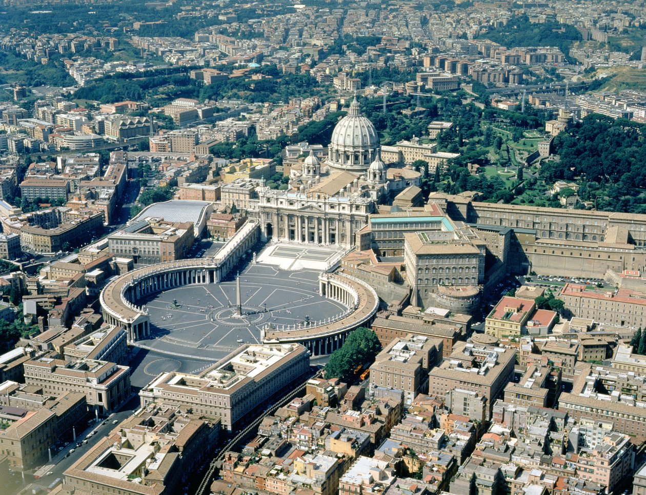 Flygfoto över grekiska korsbasilikan, Piazza San Pietro och den omgivande Vatikanstaten (foto) av Unbekannt
