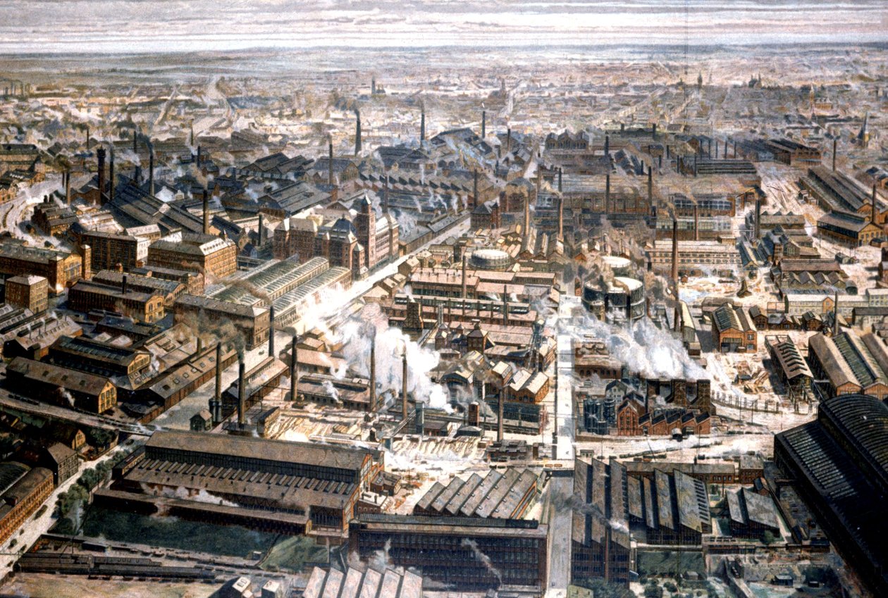 Flygfoto över Krupps fabrik i Essen, ca 1920 (gravyr) av Unbekannter Künstler